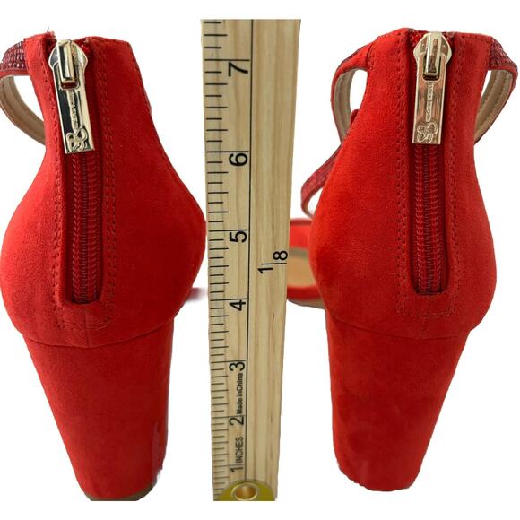 Jessica Simpson Red Suede Block Heel Sequin Strap Sandals Zipper Back Size 10 - Picture 8 of 10